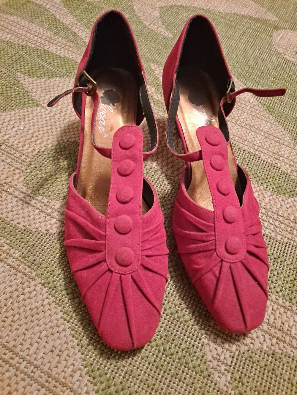 Red Suede T-Strap Heels with Pleated Front and Button Detail